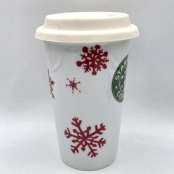 STARBUCKS 2010 Collectible Red Snowflakes Holiday Travel Tumbler Mug Rubber Lid - Picture 6 of 10